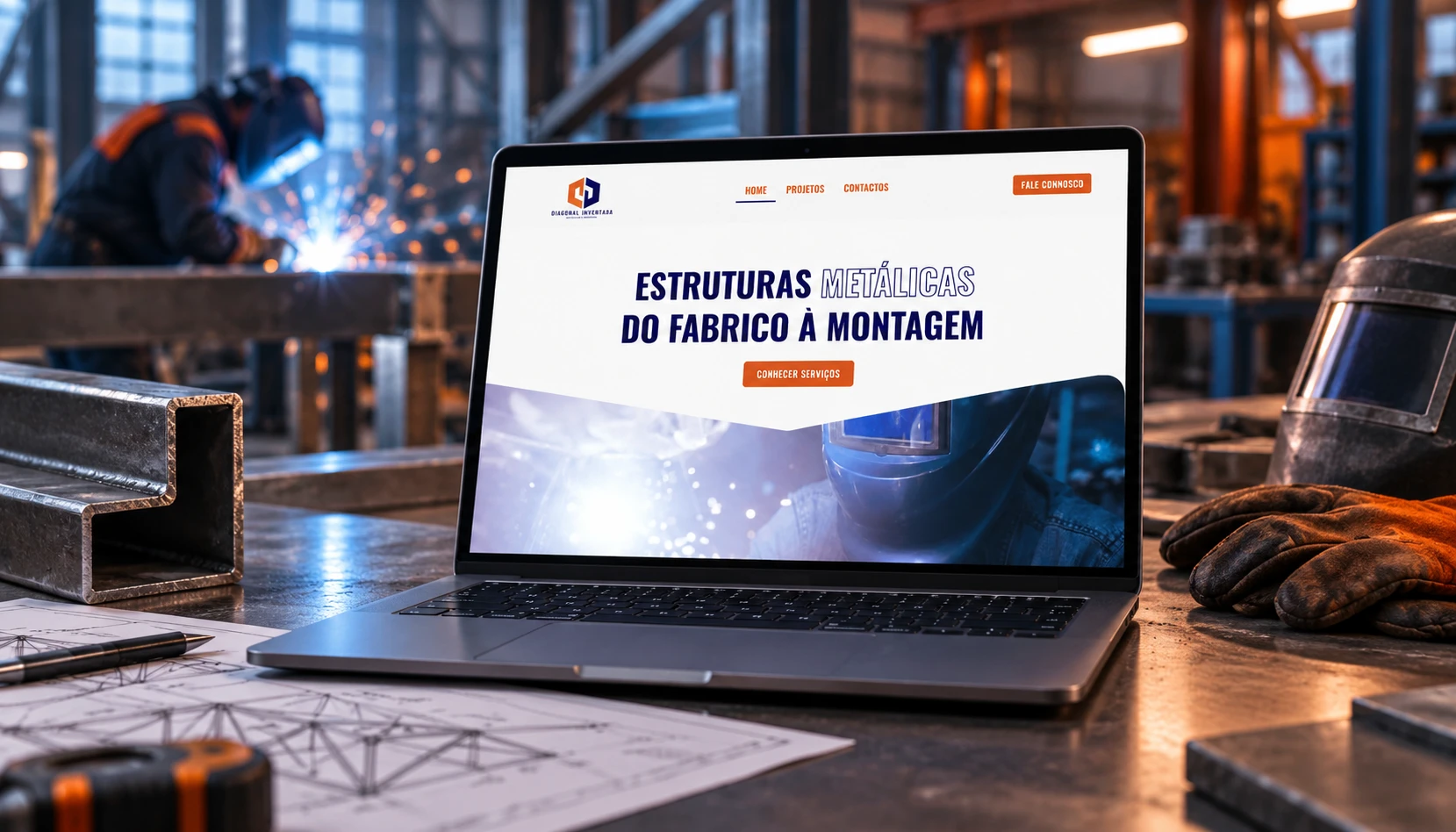 Website Diagonal Inventada apresentado num computador portátil numa oficina de metalomecânica