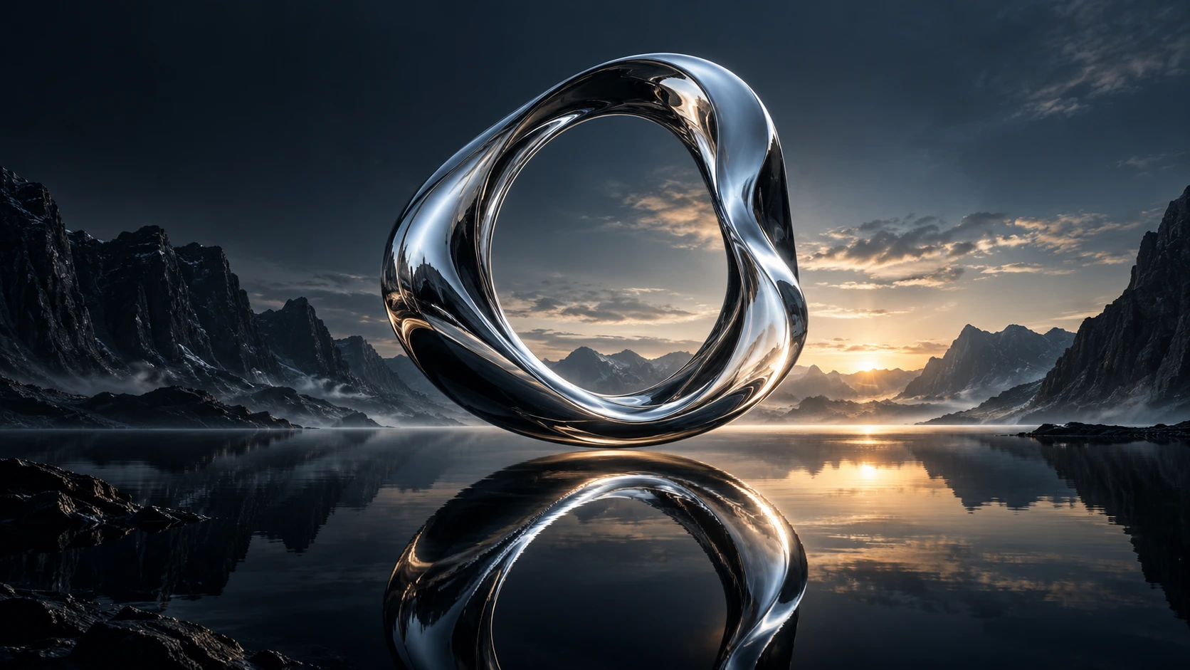 Escultura cromada monumental suspensa sobre um lago, entre montanhas e reflexos de luz